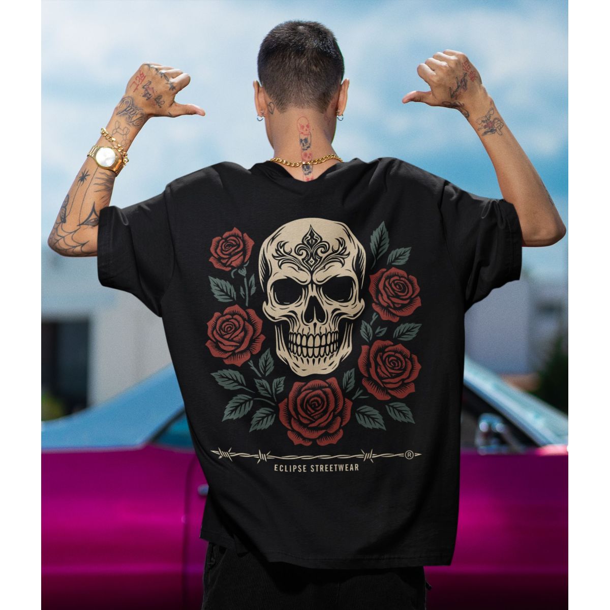 GENERICO - Polo oversize Calavera Rosas Hombre