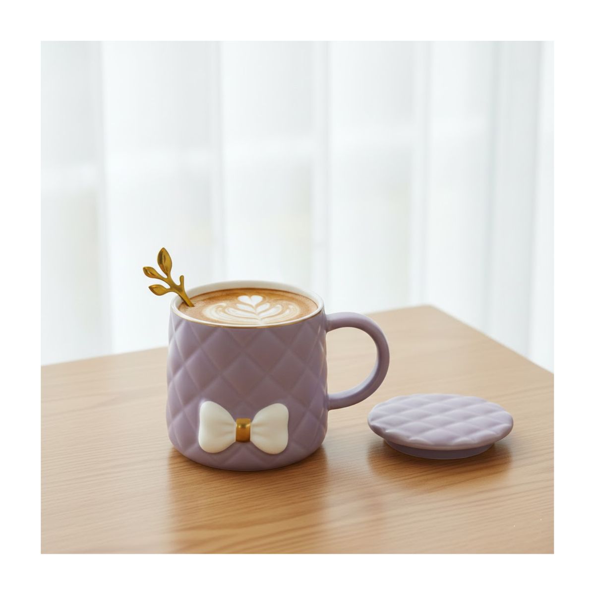 GENERICO - Taza Cerámica 350 ml con Moño, Tapa y Cuchara- Color Lila