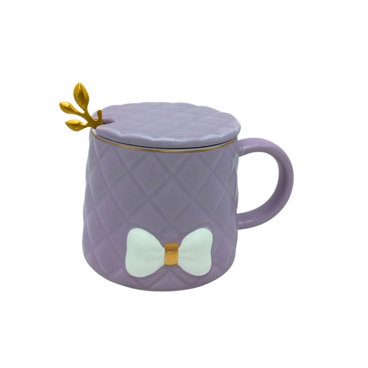 GENERICO - Taza Cerámica 350 ml con Moño, Tapa y Cuchara- Color Lila