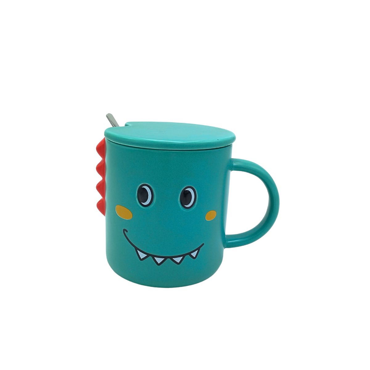 GENERICO - Taza de Cerámica Infantil Dinosaurio con Tapa y Cuchara  Color Verde