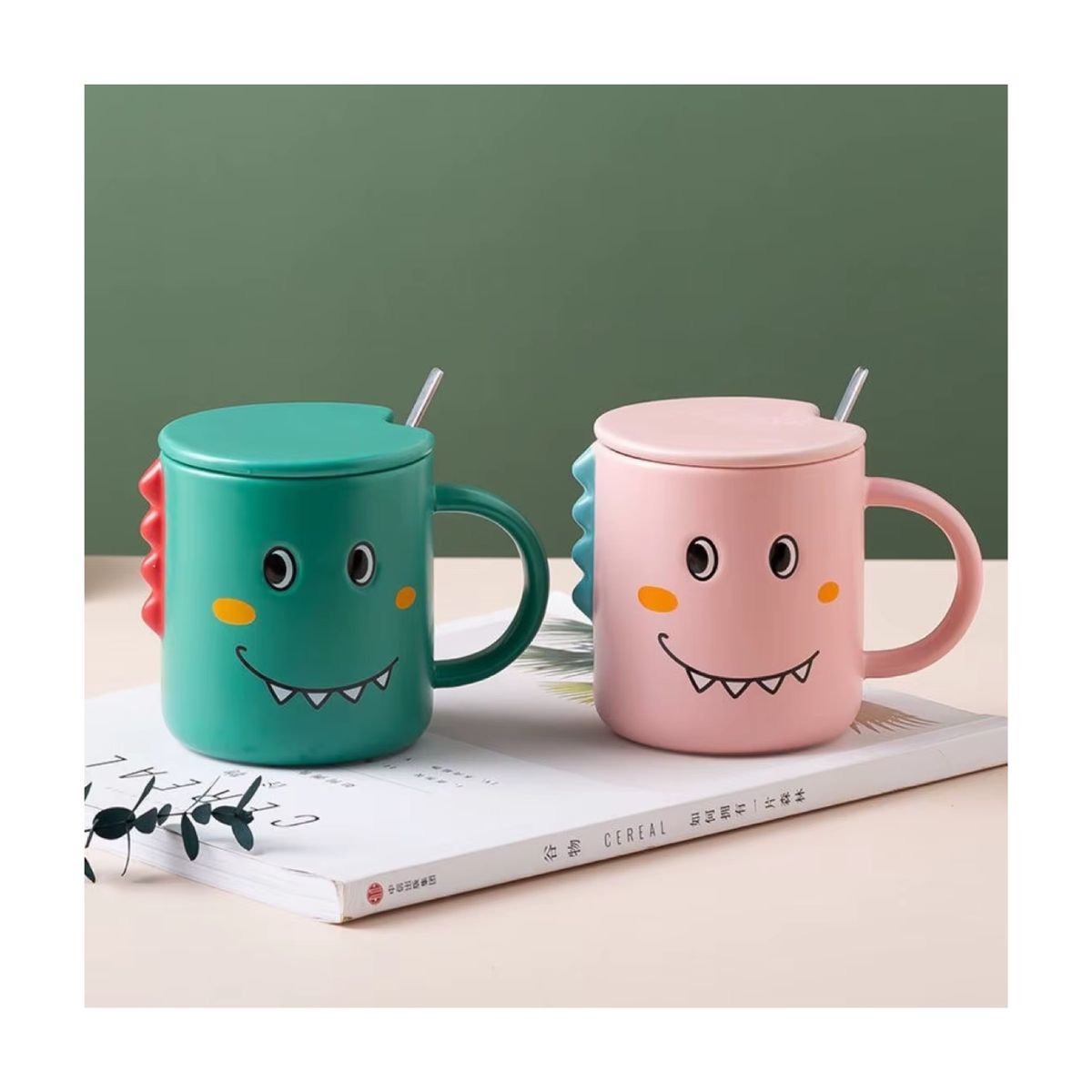 GENERICO - Taza de Cerámica Infantil Dinosaurio con Tapa y Cuchara  Color Verde