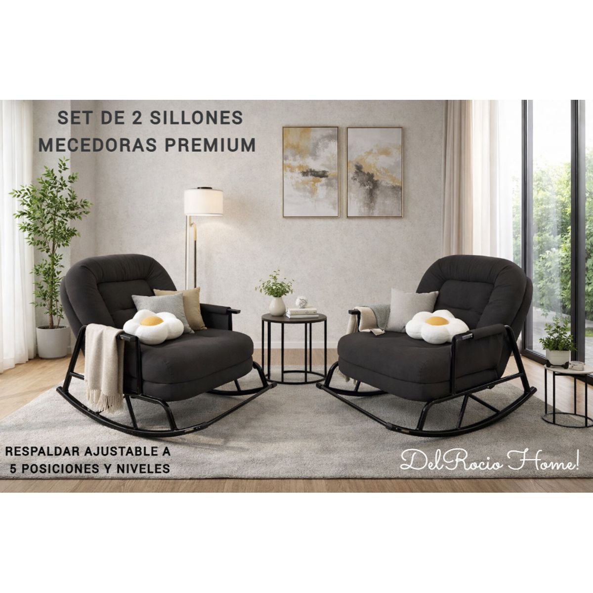 GENERICO - 2 SILLAS MECEDORA SOFÁ RECLINABLE SILLÓN PLEGABLE TERRAZA JARDÍN SALA PREMIUM NEGRO