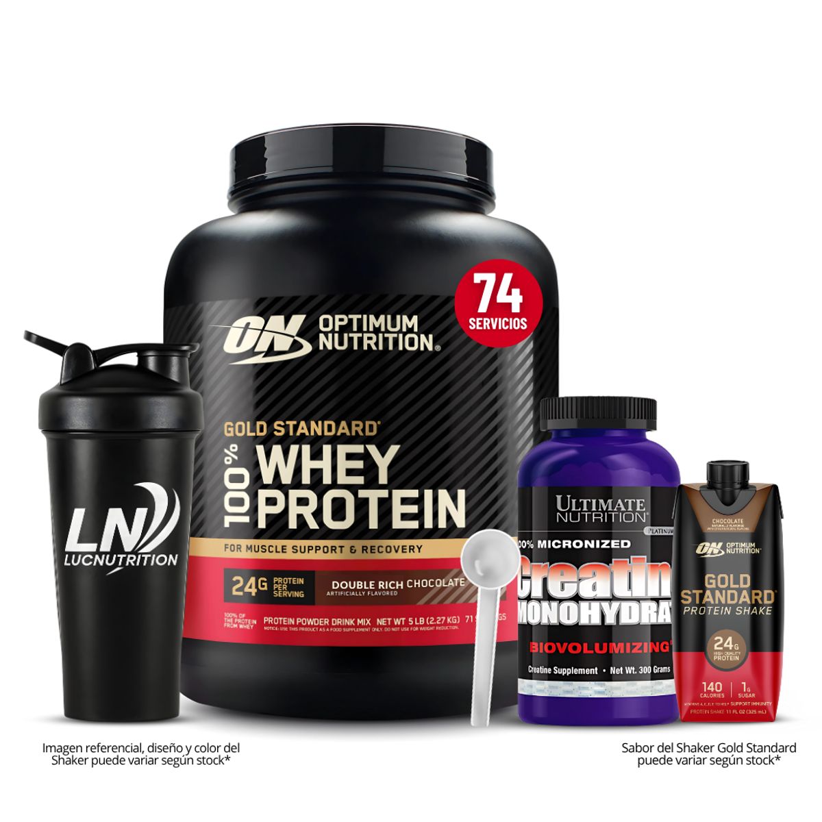 OPTIMUN NUTRITION - Gold Standard Whey 5 LB - Double Rich Chocolate + Creatina Ultimate Nutrition 300 g + Bebible Shake Gold Standard + scoop + Shaker
