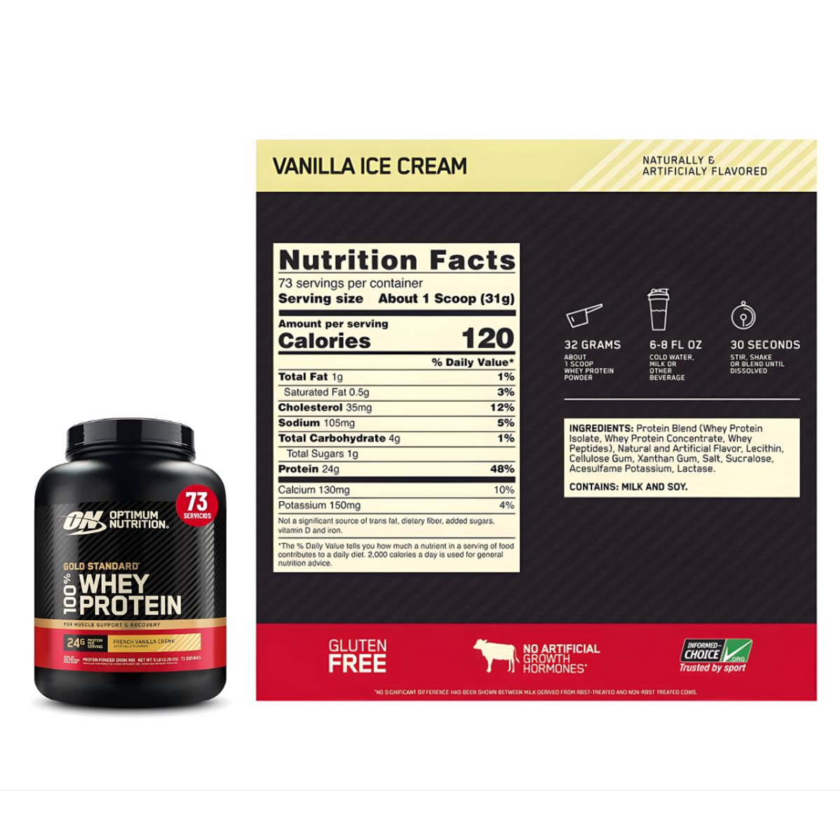 Optimum Nutrition - Gold Standard Whey 5 LB Proteina Optimum Nutrition - Vainilla Ice Cream + Straps