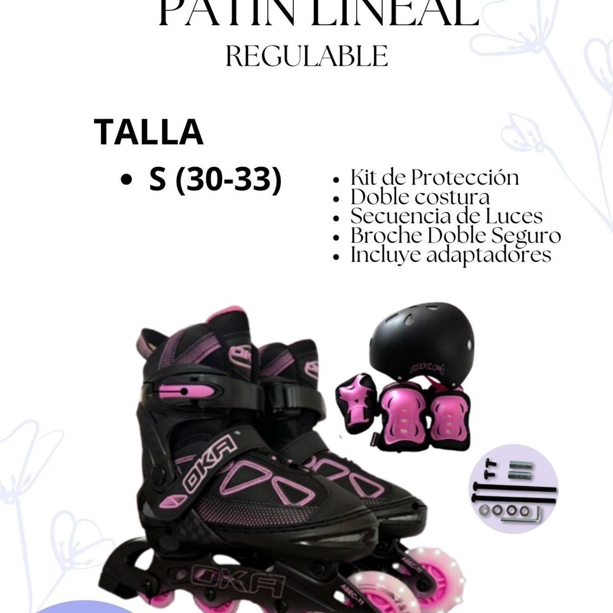 OKA - PATIN LINEAL REGULABLE NEGRO Y ROSADO S 30-33
