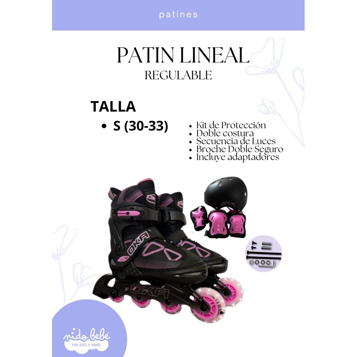 OKA - PATIN LINEAL REGULABLE NEGRO Y ROSADO S 30-33