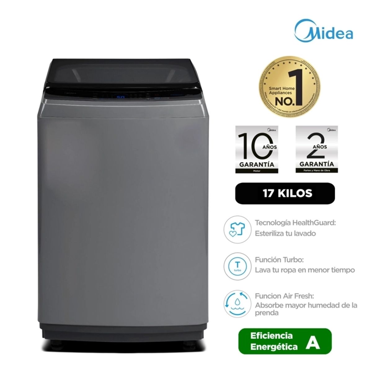 MIDEA - Lavadora Midea MA200W170G-PE Carga Superior 17Kg Gris