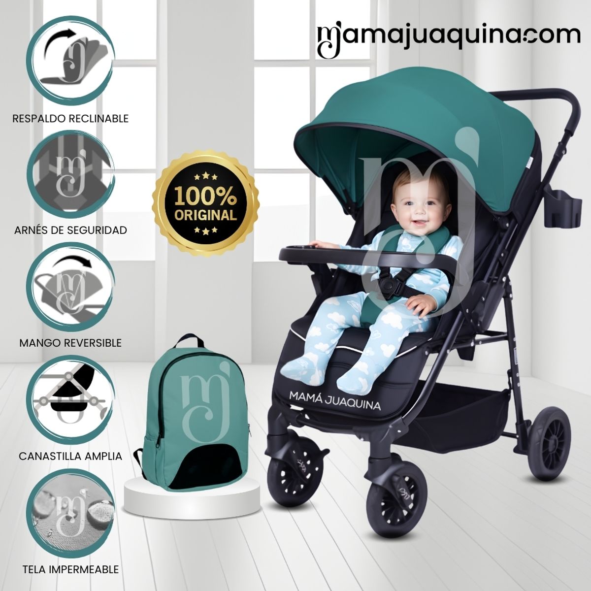 BABY - Coche Cuna De Lujo «DELTA II» con Mochila Pañalera Turquesa