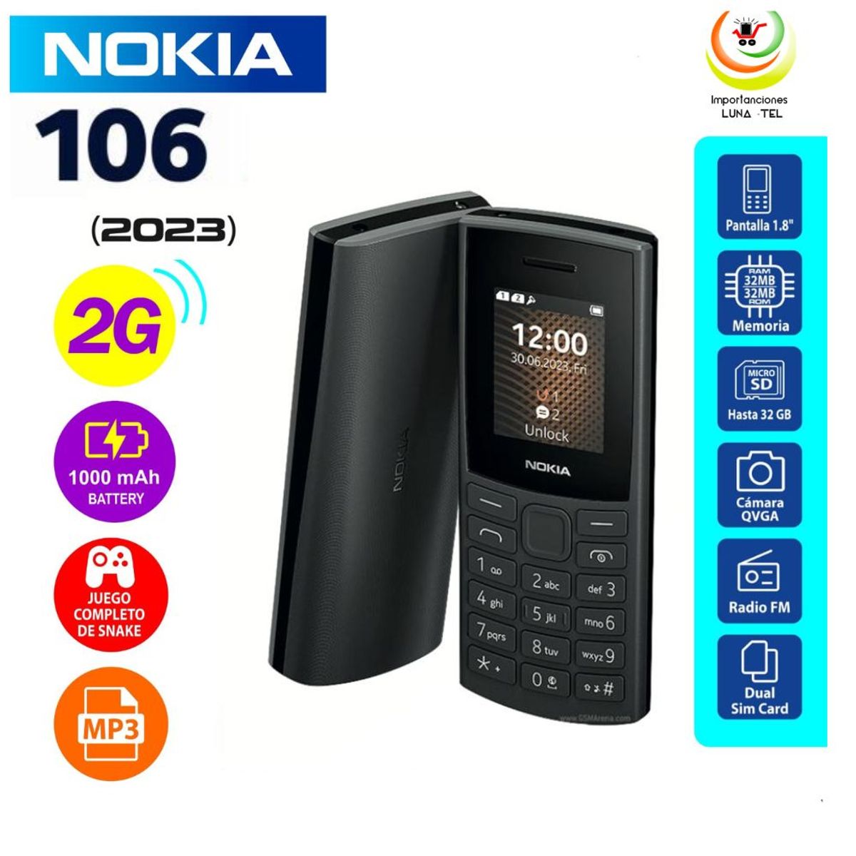 NOKIA - CELULAR BASICO NOKIA 106 2G DUAL SIM -NEGRO