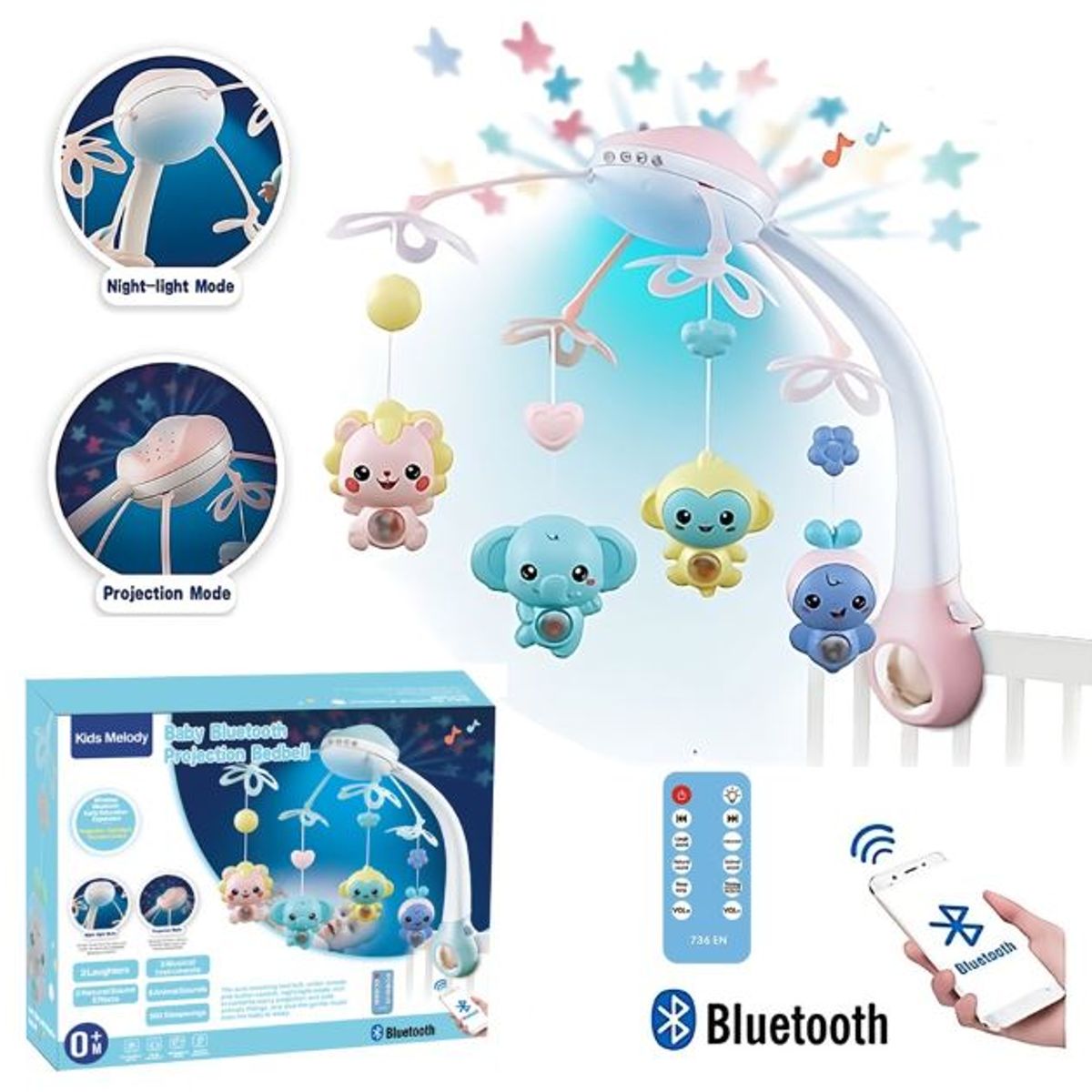 GENERICO - Móvil Cuna Musical Proyector Estrellas con Bluetooth y Control Remoto