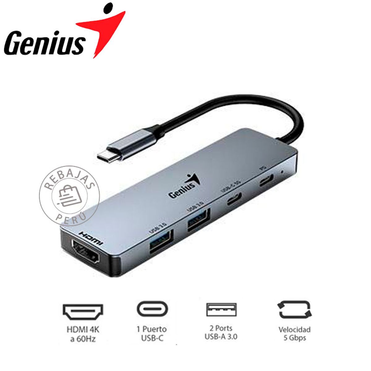 GENIUS - Hub USB-C Genius UH-500 4K HDMI 100W PD 5 Puertos Multifuncion Gris XL