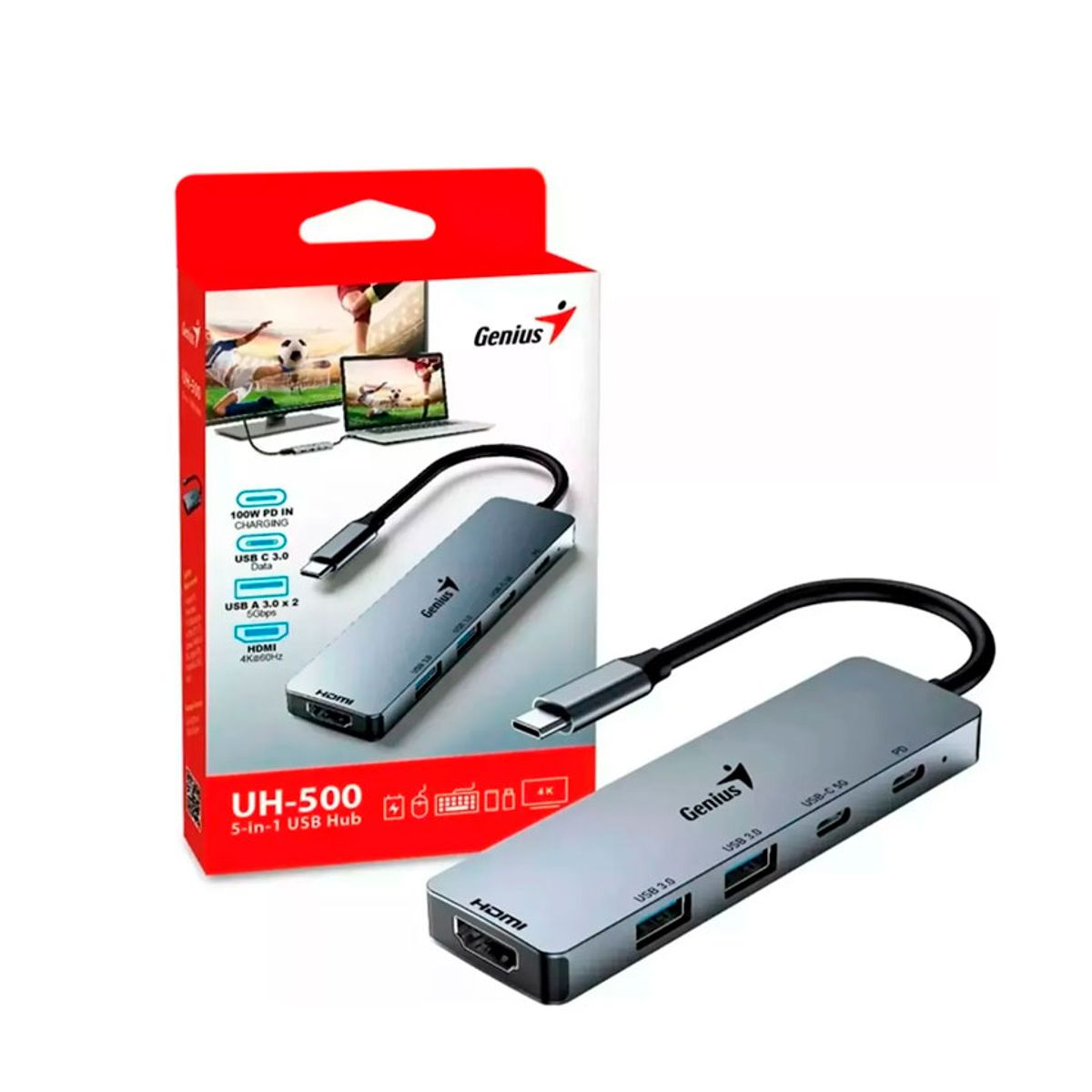 GENIUS - Hub USB-C Genius UH-500 4K HDMI 100W PD 5 Puertos Multifuncion Gris XL