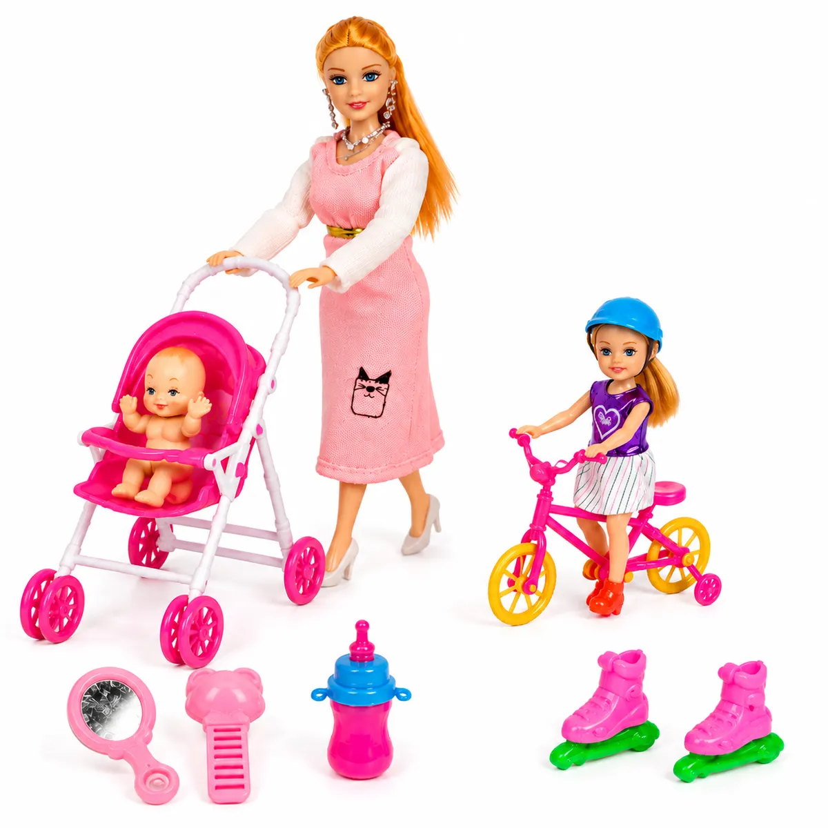 GENERICO - Muñeca Embarazada con Hermanita Coche Bicicleta  y Accesorios