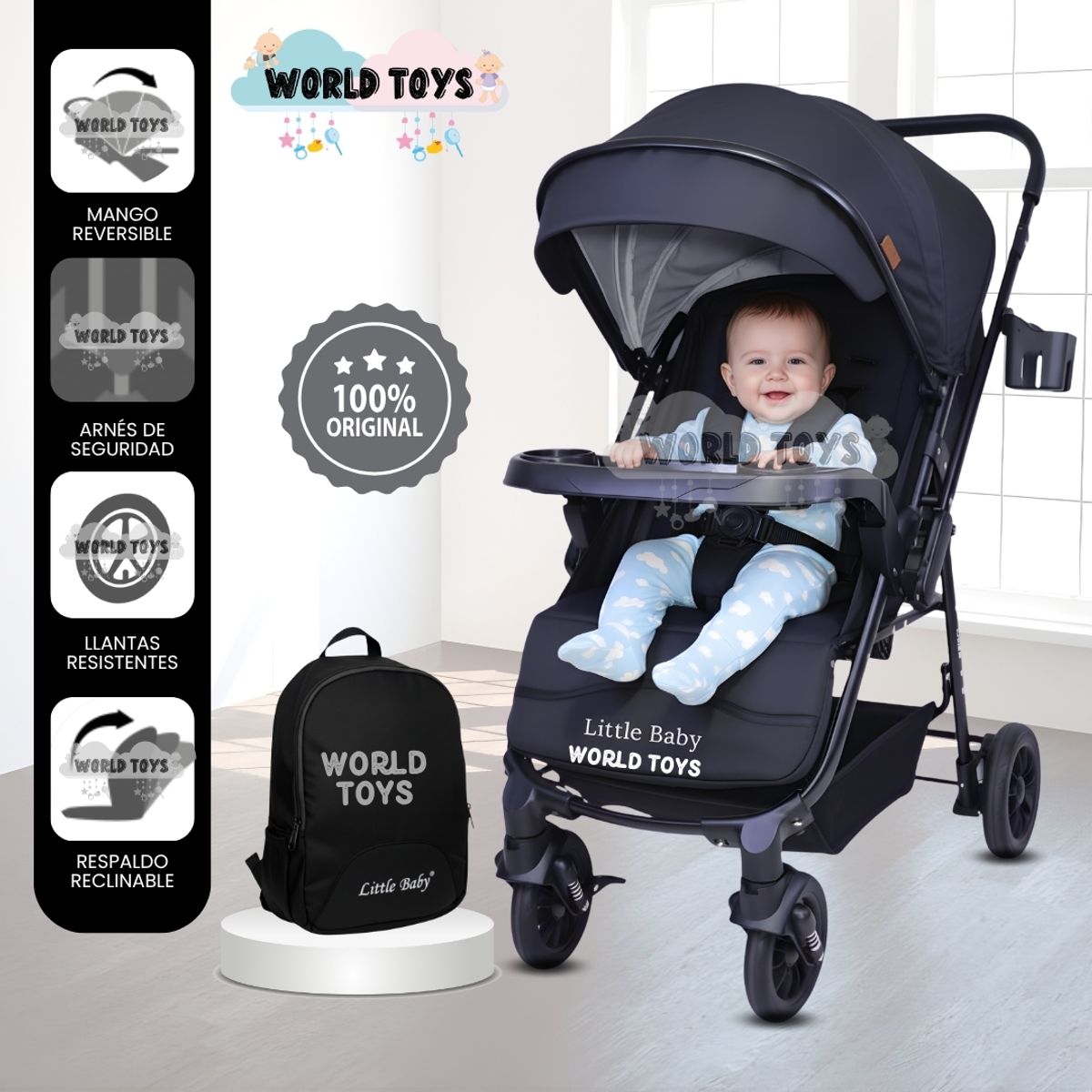 Baby - Coche Cuna De Lujo «DELTA II» con Mochila Pañalera Black