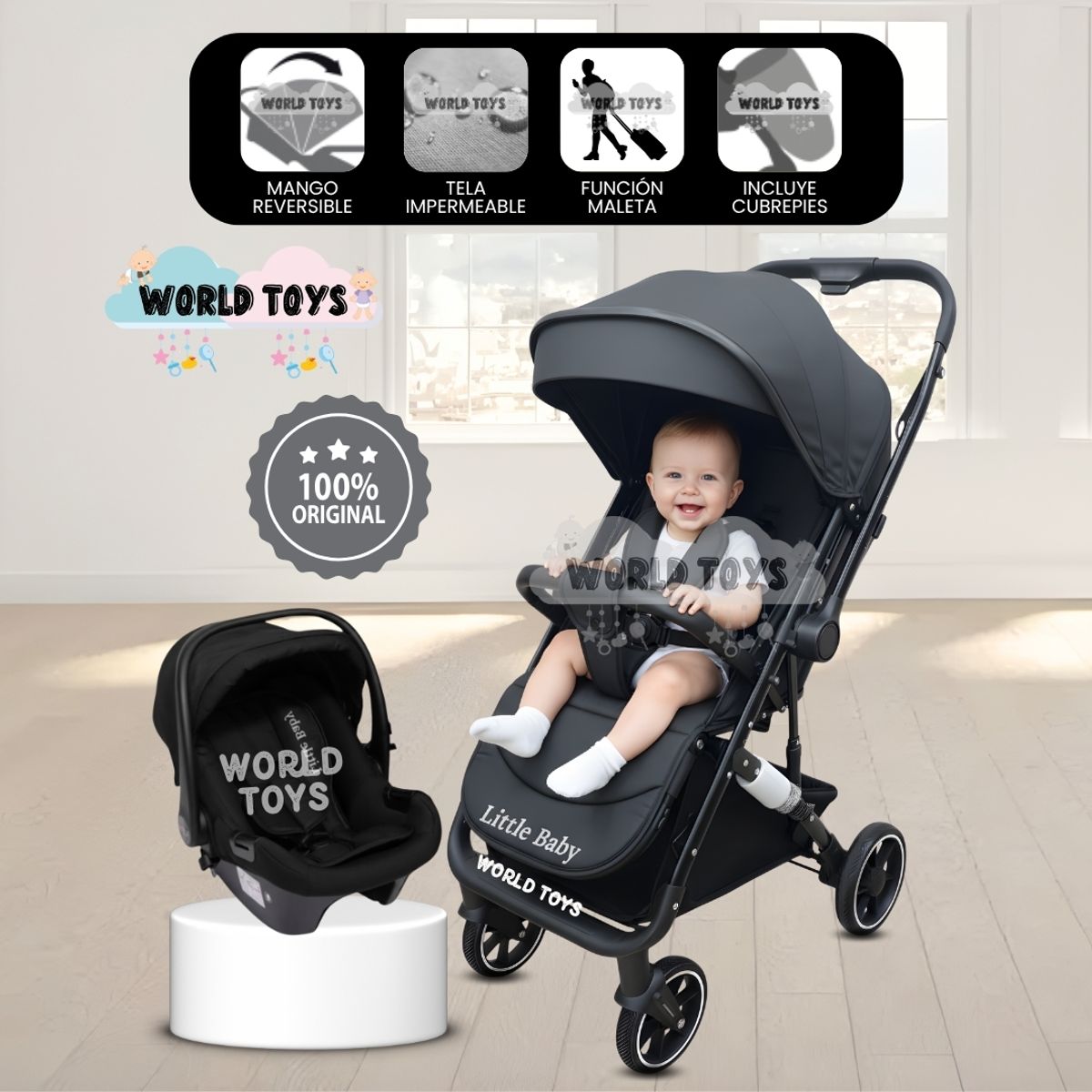 BABY - Coche Maleta de Lujo «JANDI» con Portabebé Black