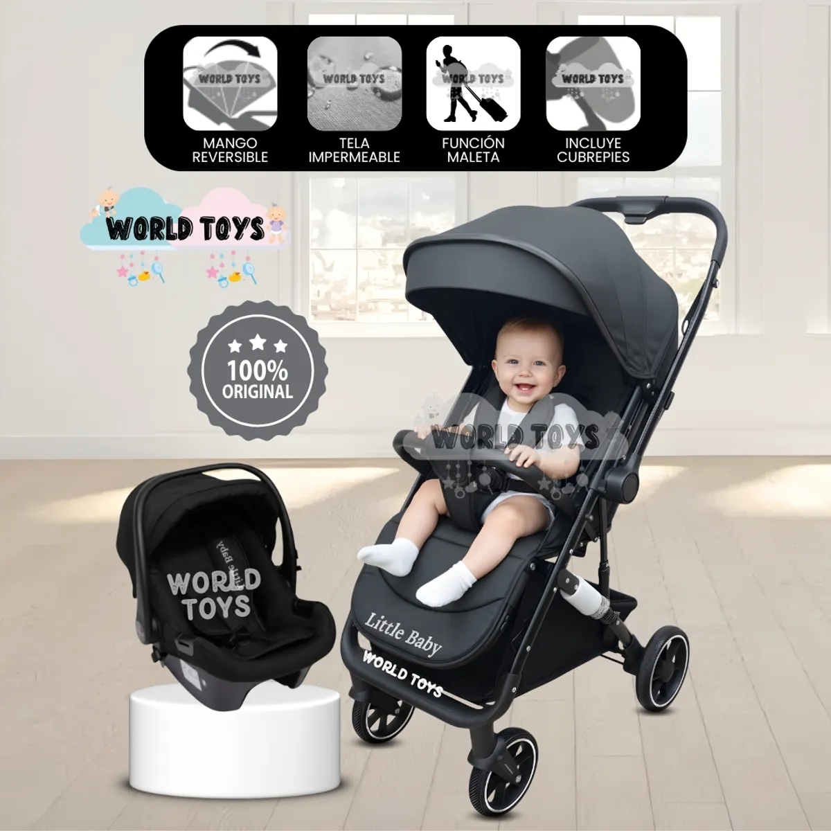 BABY - Coche Maleta de Lujo «JANDI» con Portabebé Black