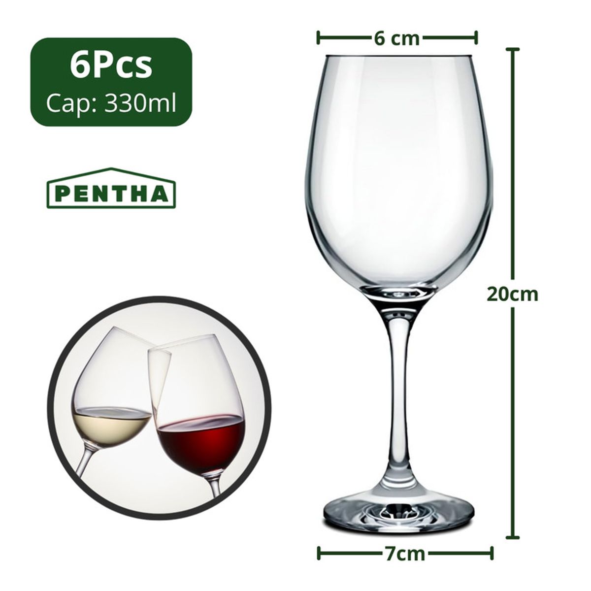 PENTHA - Copas de Vino 330ml x6  Prácticas para Uso Diario