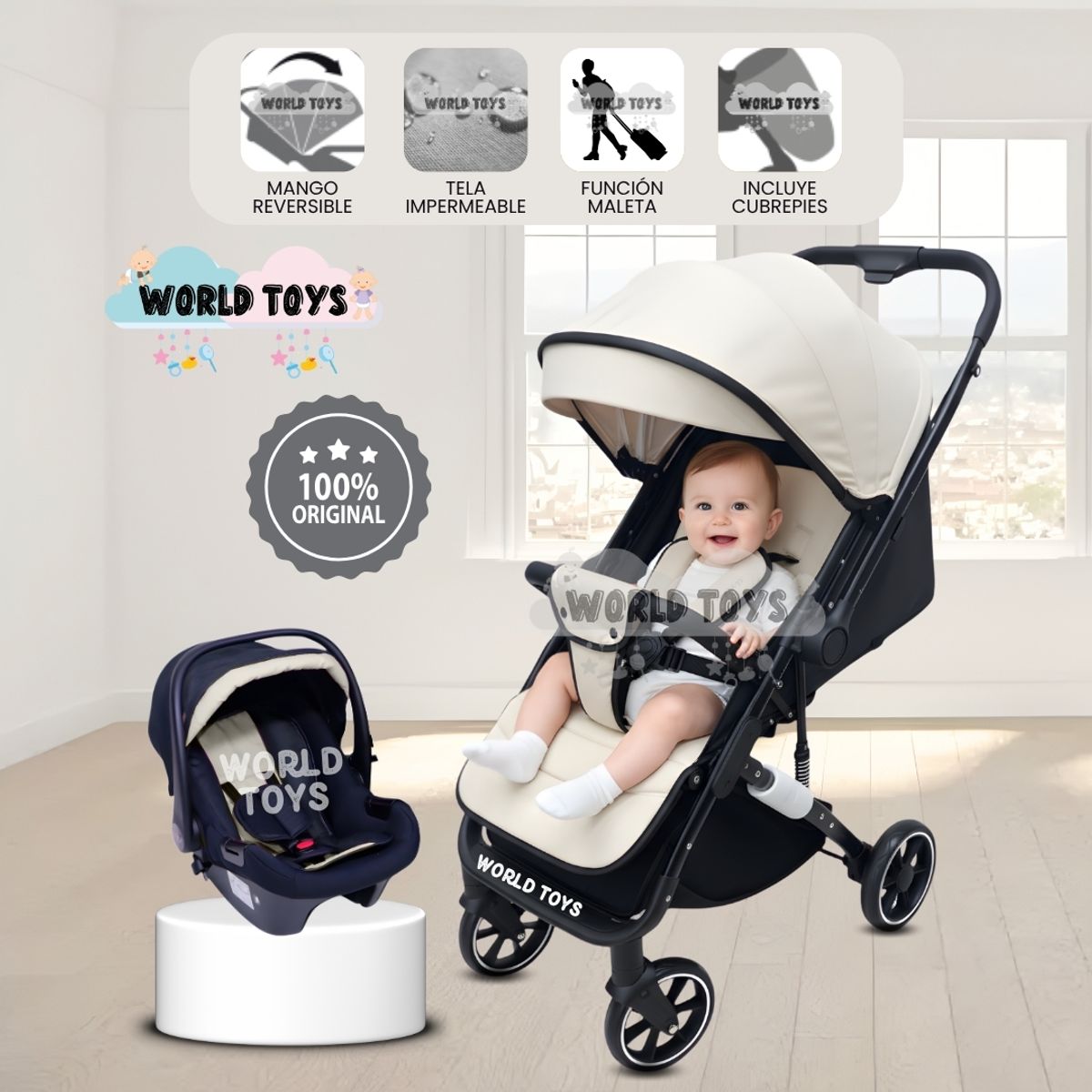 BABY - Coche Maleta de Lujo «JANDI» con Portabebé Beige
