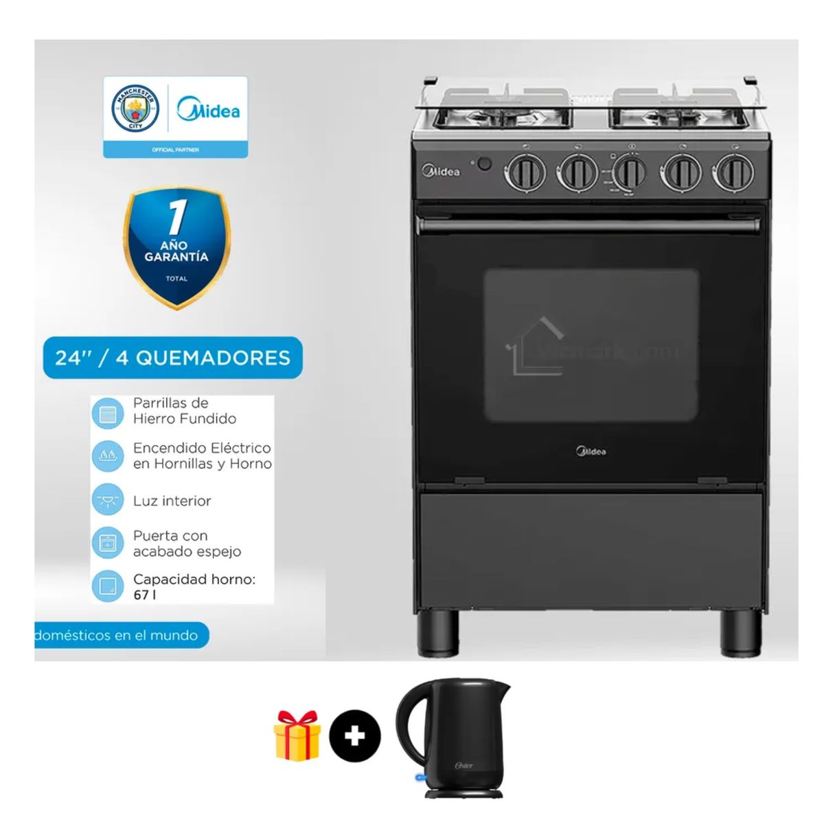 MIDEA - Cocina a Gas 24" Midea 4 Quemadores Negra MGS24FS2LFABBC + Hervidor