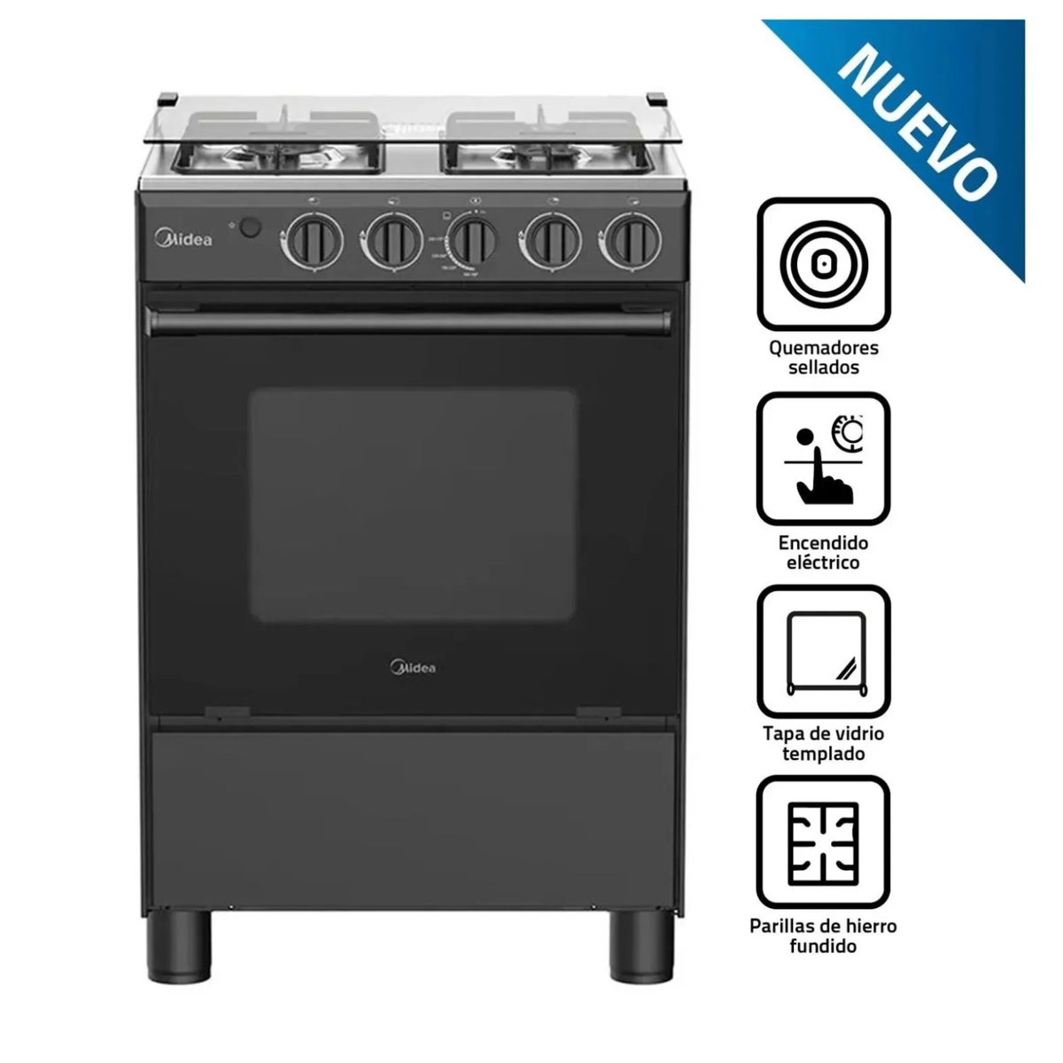 MIDEA - Cocina a Gas 24" Midea 4 Quemadores Negra MGS24FS2LFABBC + Hervidor