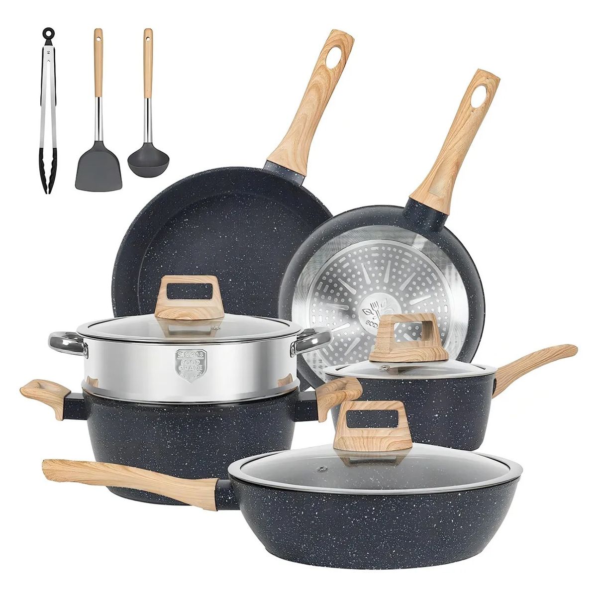 EVERSO - 12 Piezas Bateria De Cocina Juego De Sartenes Antiadherentes Negro
