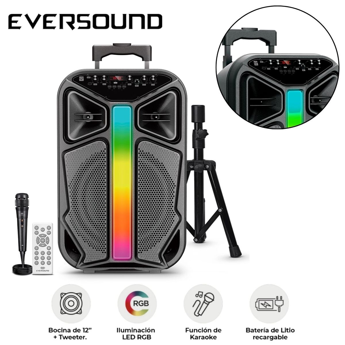 EVERSOUND - Combo Parlante + Tripode Eversound Lyrico EV 6000T Woofer de 12 LED RGB