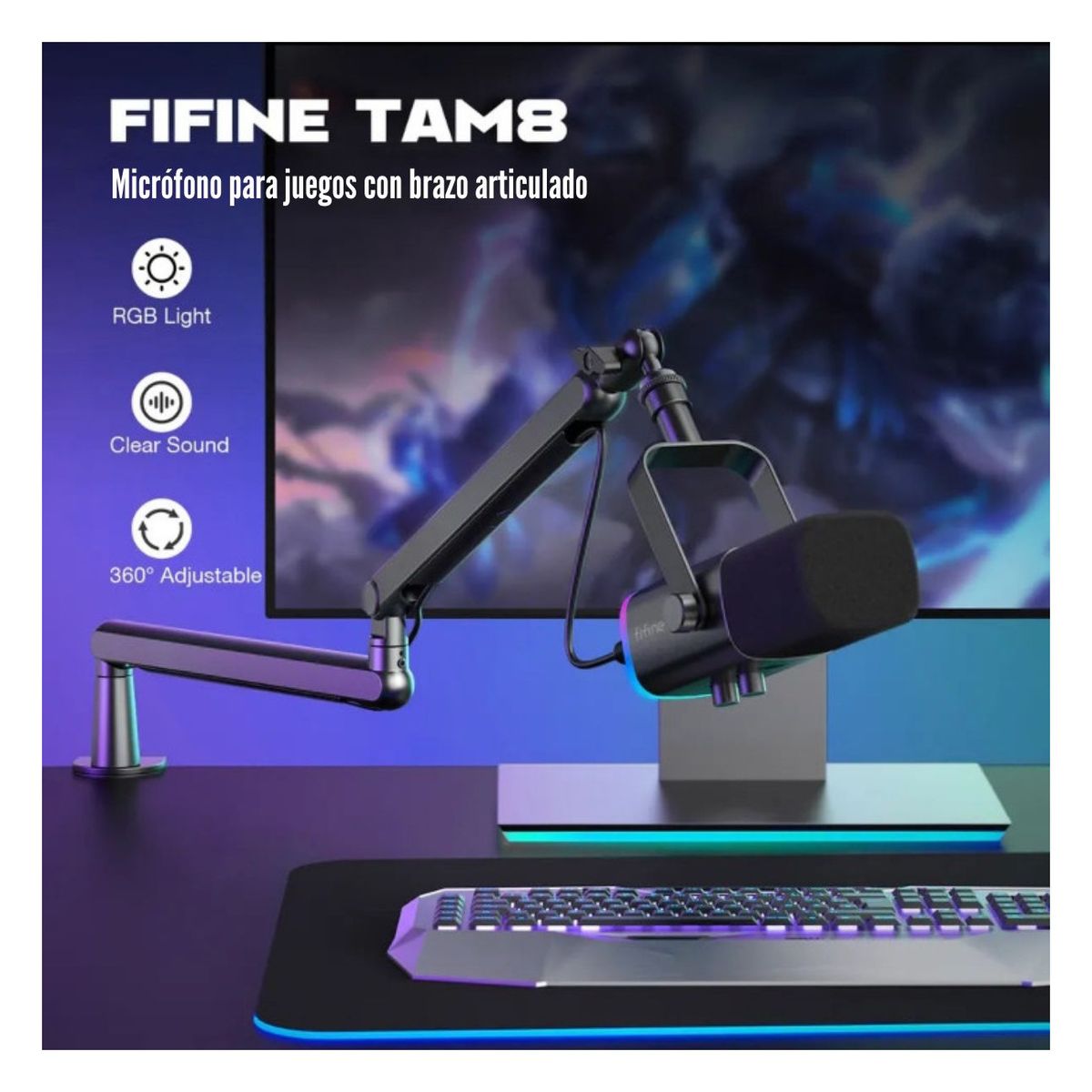 FIFINE - Fifine - Micrófono Ampligame TAM8 XLRUSB Incluye Brazo - Negro