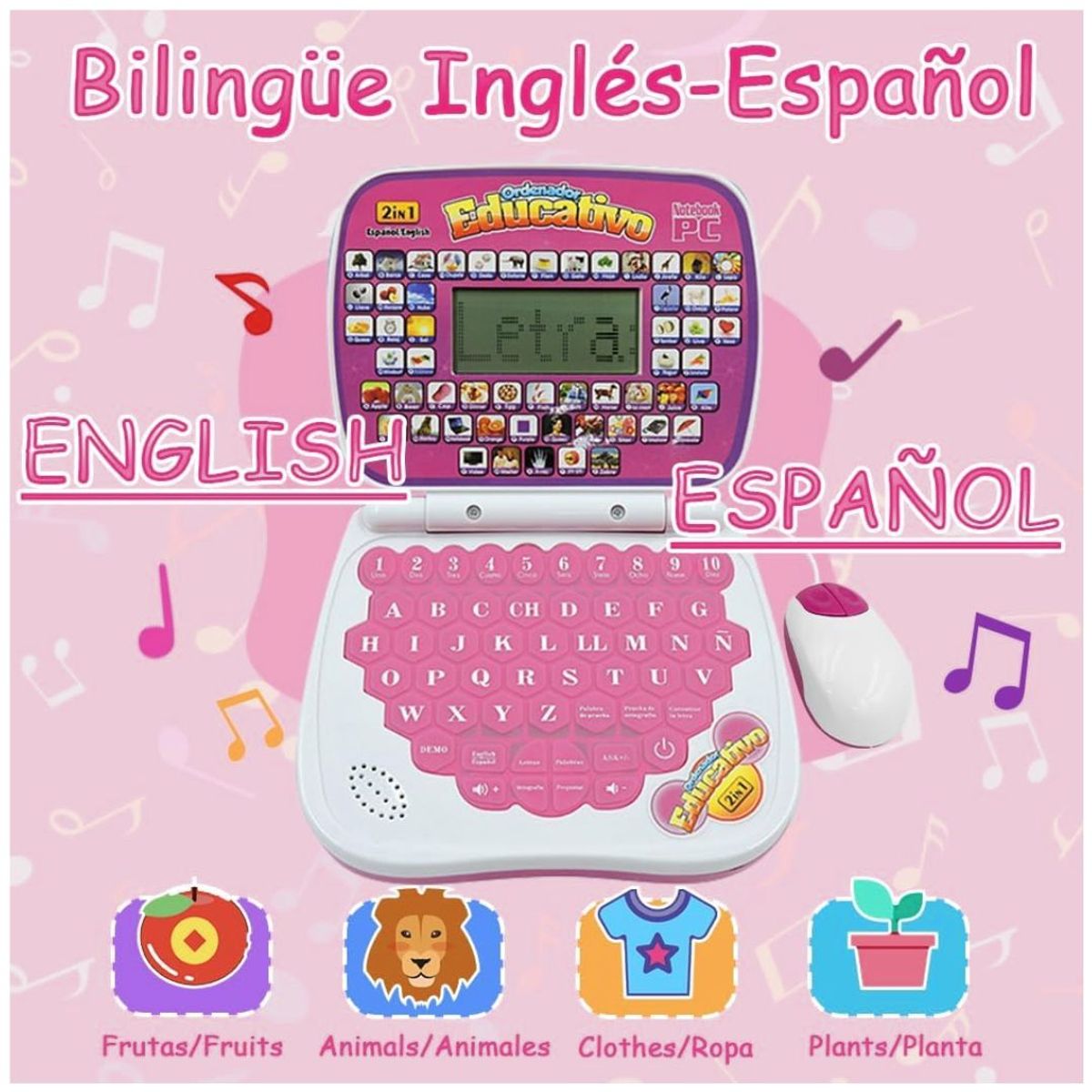 GENERICO - Laptop Educativa para Niños Bilingüe Inglés–Español con 36 Actividades, Pantalla y Ratón Funcional