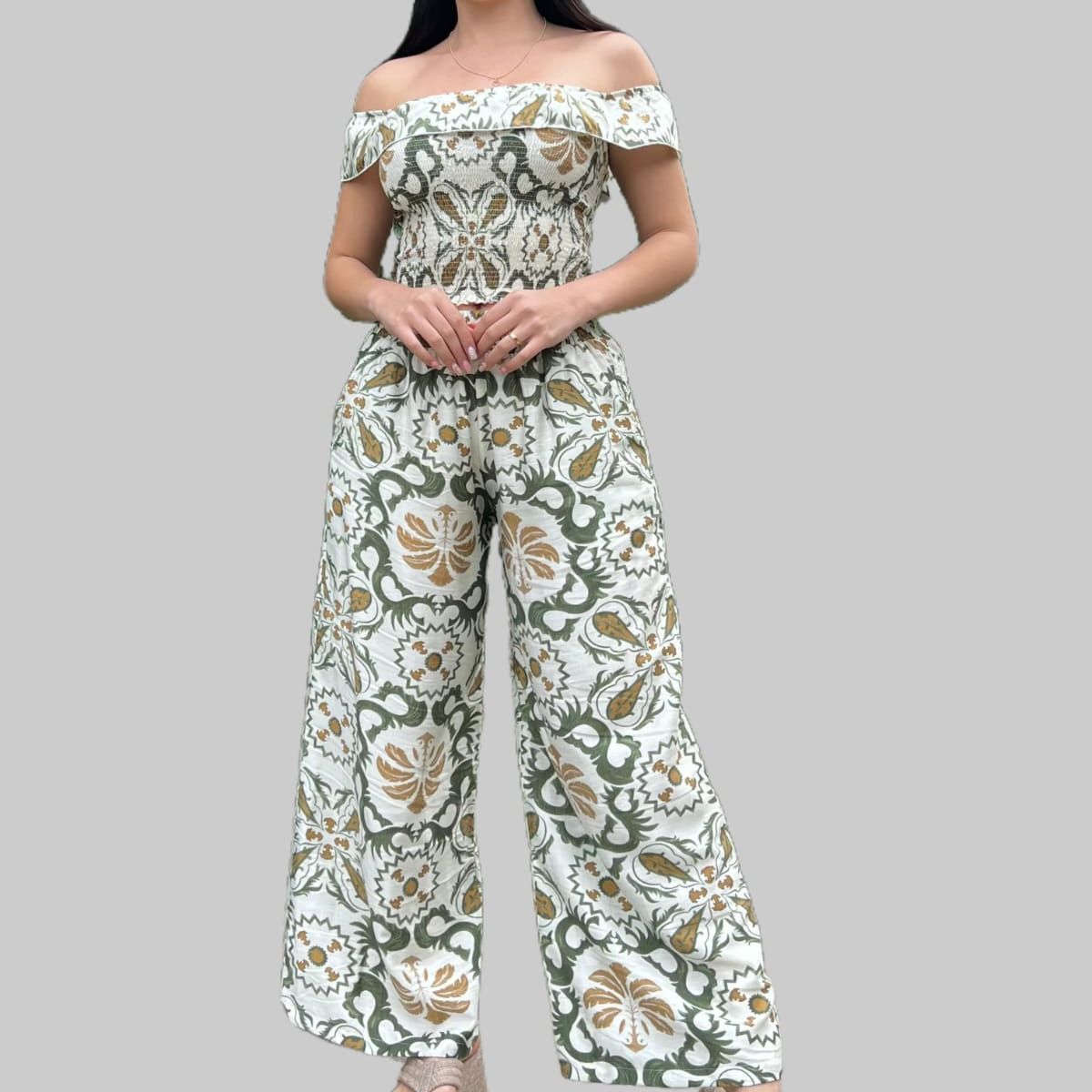 GENERICO - CONJUNTO TOP Y PANTALON VERDE TROPICAL MUJER