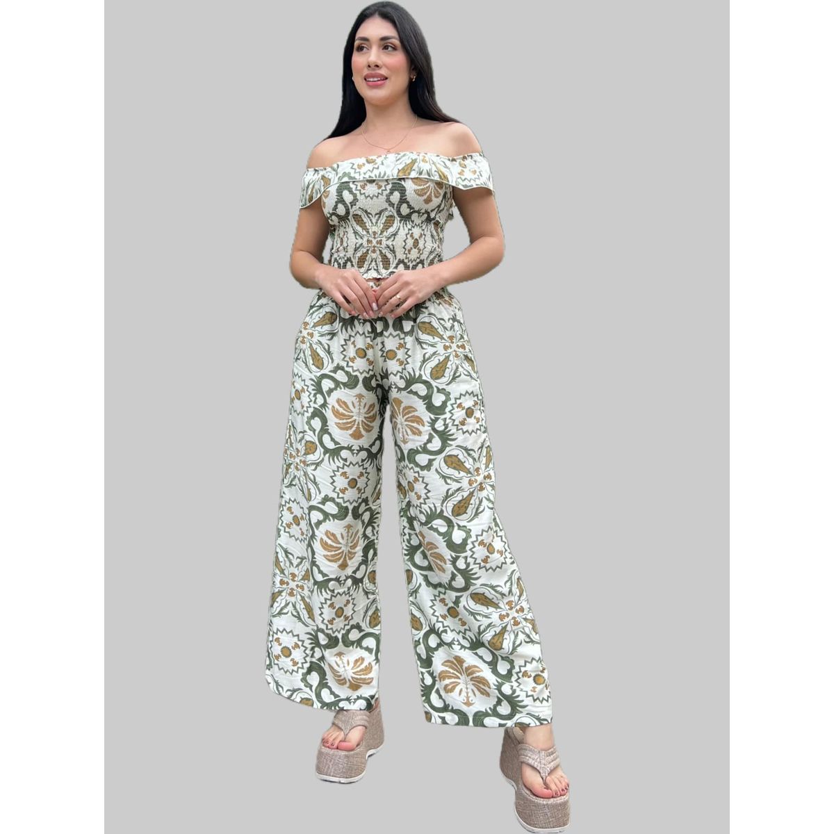 GENERICO - CONJUNTO TOP Y PANTALON VERDE TROPICAL MUJER