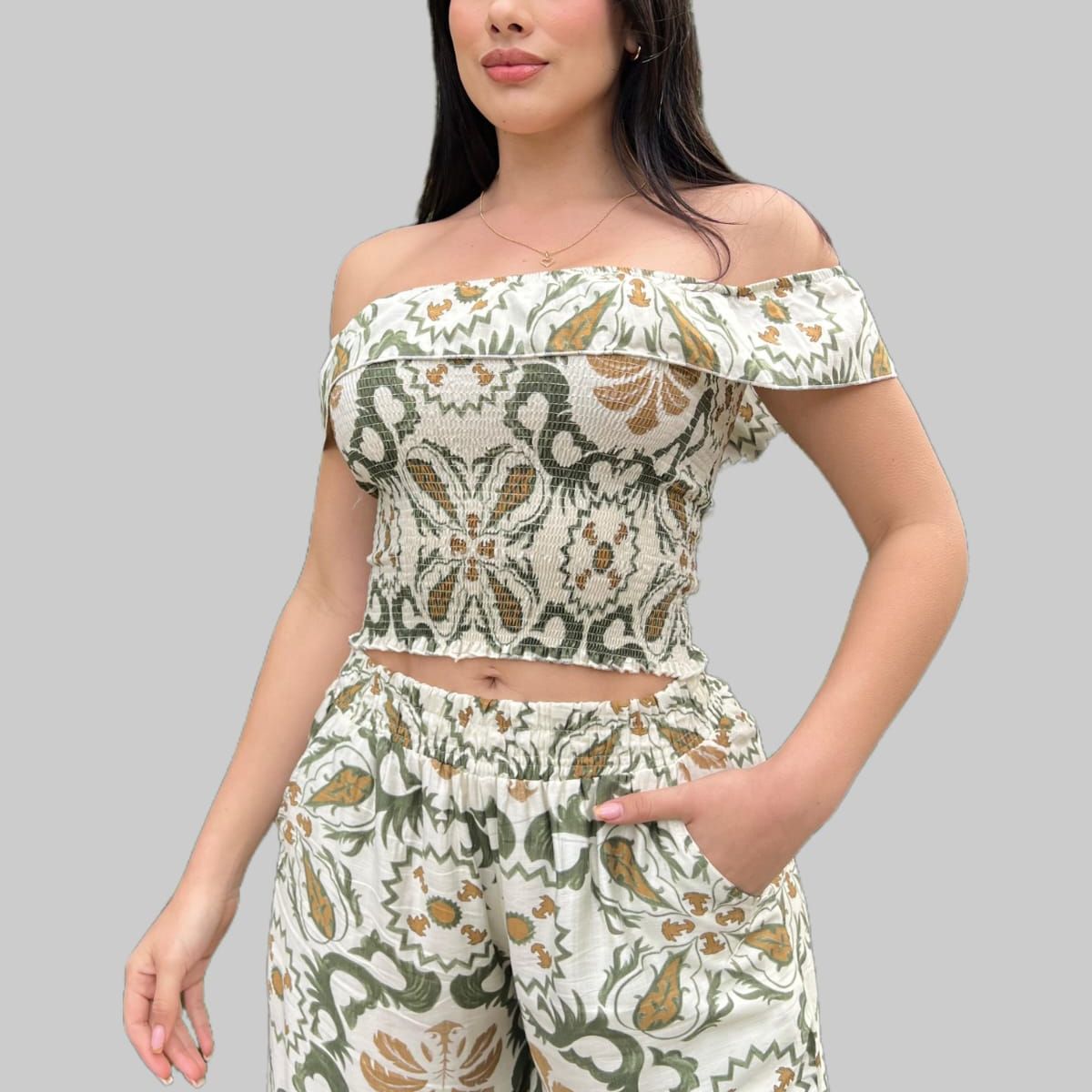 GENERICO - CONJUNTO TOP Y PANTALON VERDE TROPICAL MUJER