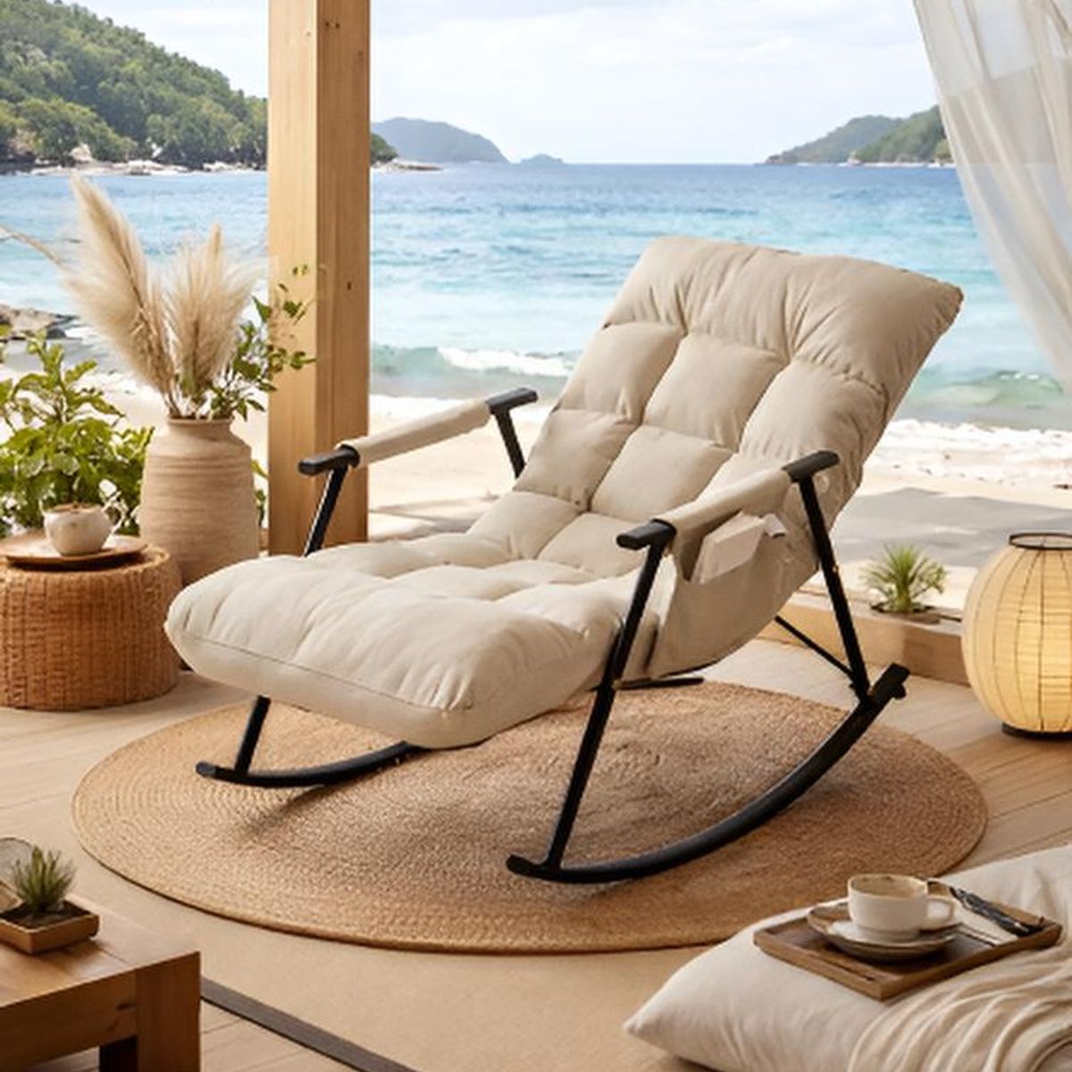 GENERICO - SILLÓN MECEDORA SOFÁ RECLINABLE SILLA DE TERRAZA PREMIUM ACERO AL CARBONO BEIGE