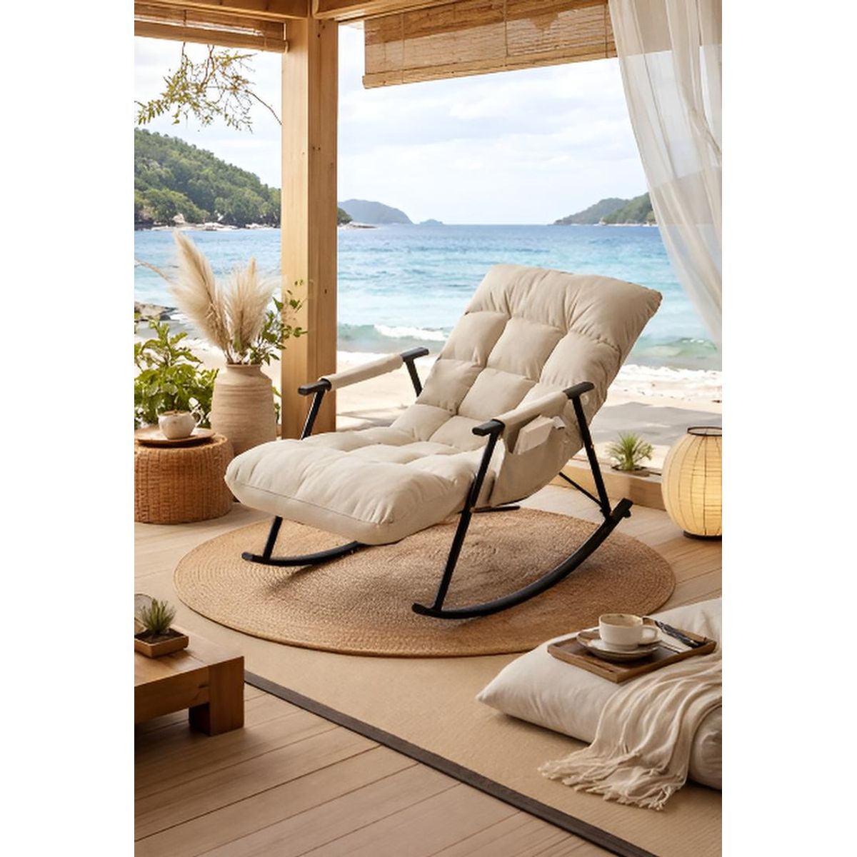 GENERICO - SILLÓN MECEDORA SOFÁ RECLINABLE SILLA DE TERRAZA PREMIUM ACERO AL CARBONO BEIGE