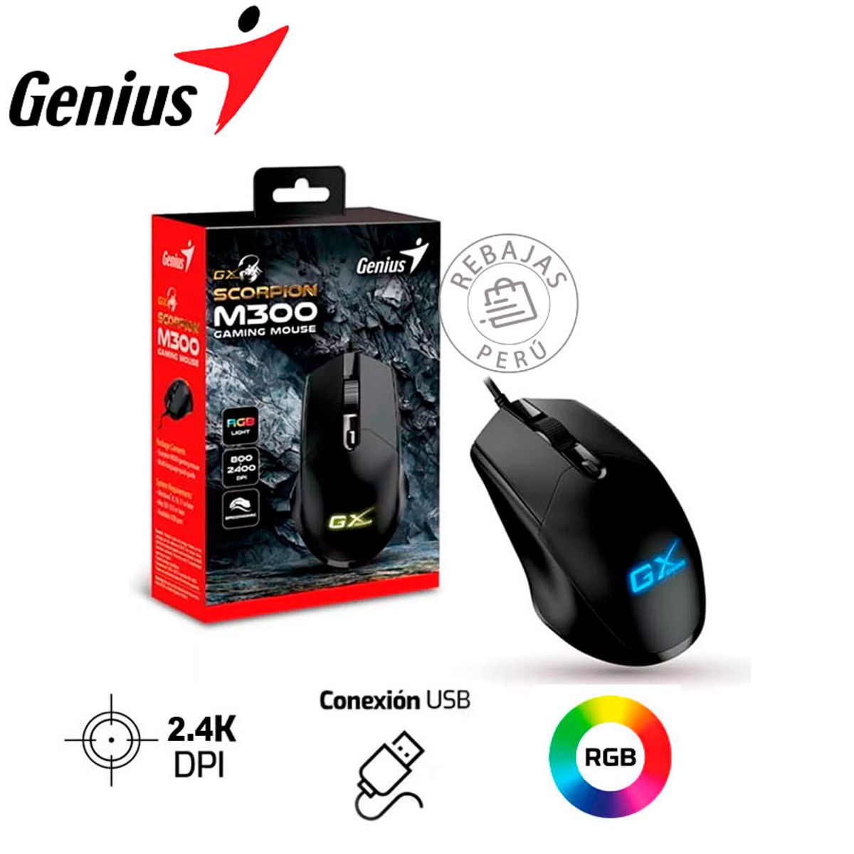 GENIUS - Mouse Gamer Genius Scorpion M300 2400 DPI RGB Ergonómico Negro