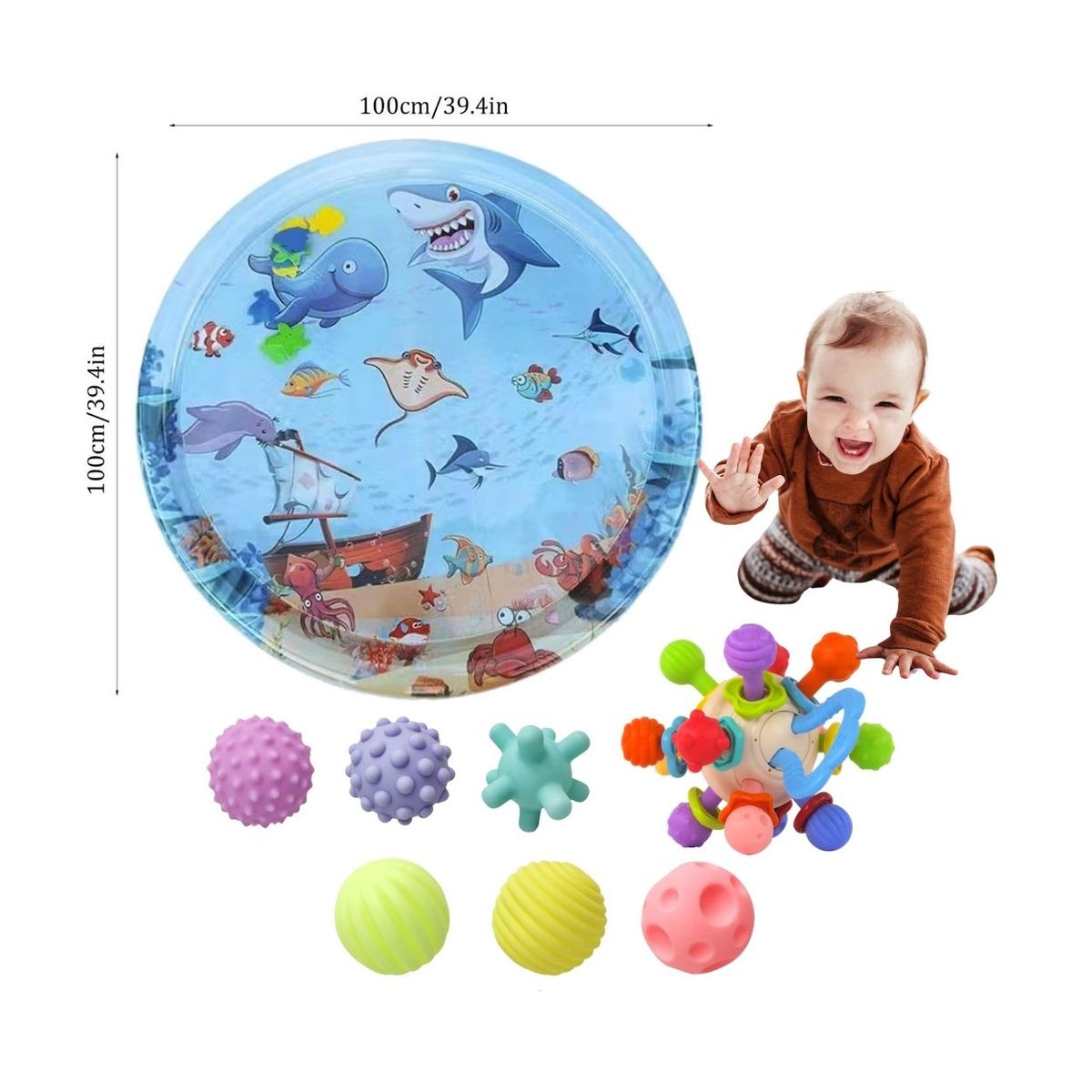 GENERICO - Pack Estimulador Sensorial para Bebé – Alfombra de Agua + 6 Pelotas + Sonajero Átomo Montessori