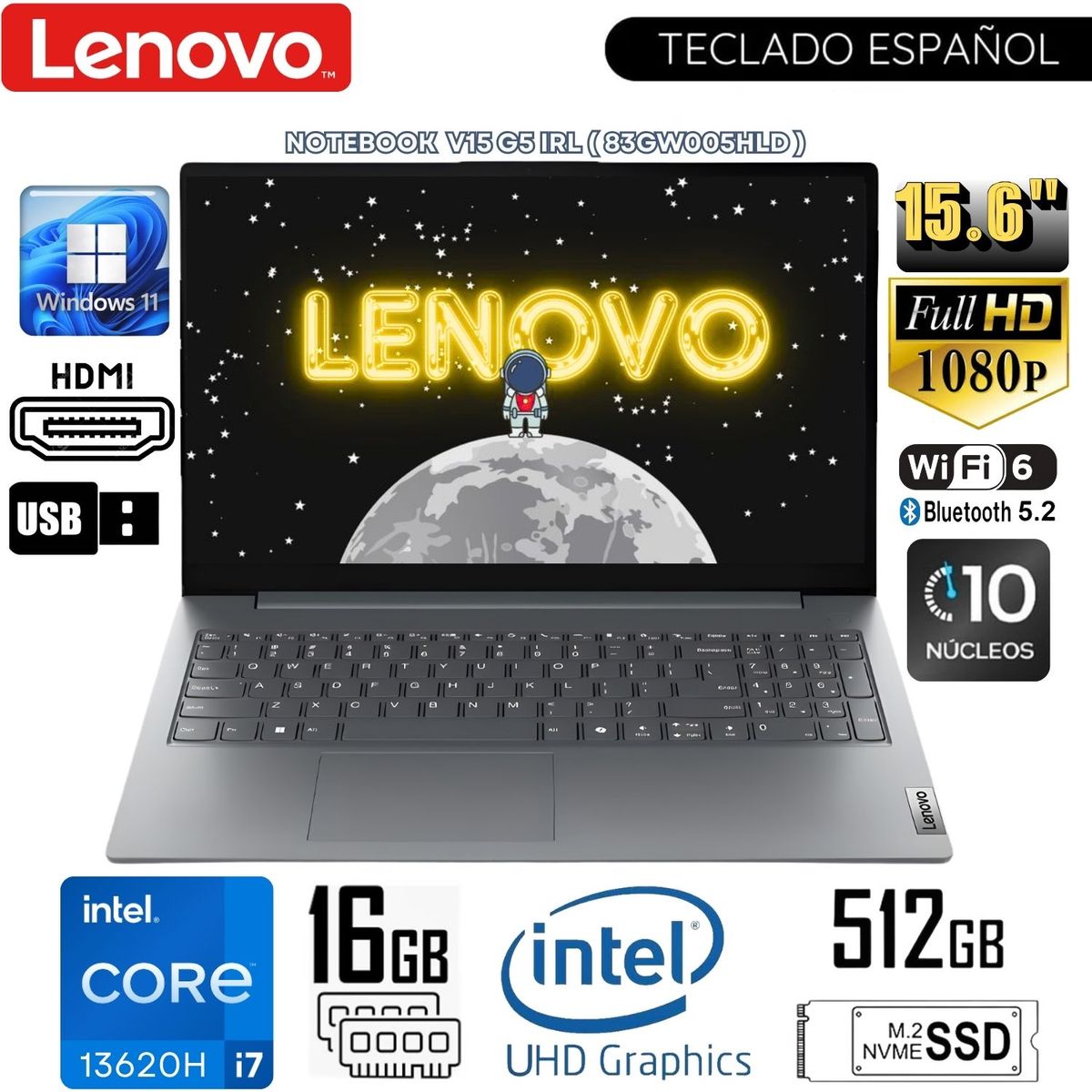 LENOVO - Laptop Lenovo V15 G5 IRL 15.6" FHD Intel Core i7-13620H, Ram 16GB, SSD 512GB Win 11 Pro - 83GW005HLD