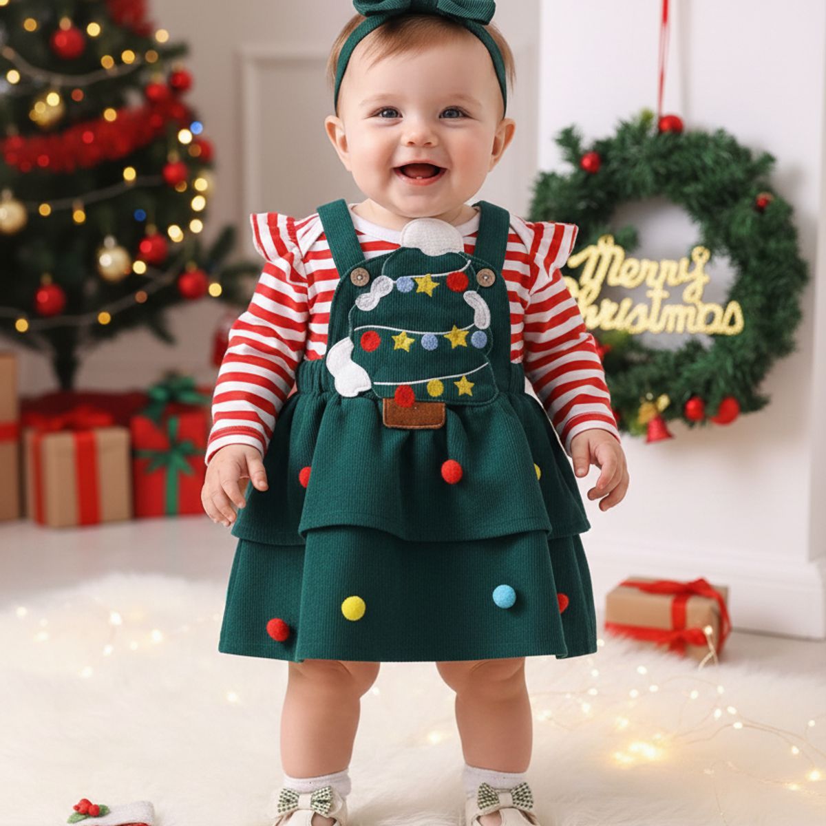 GENERICO - VESTIDO NAVIDAD PARA BEBE - BODDY + OVEROLL + LAZO