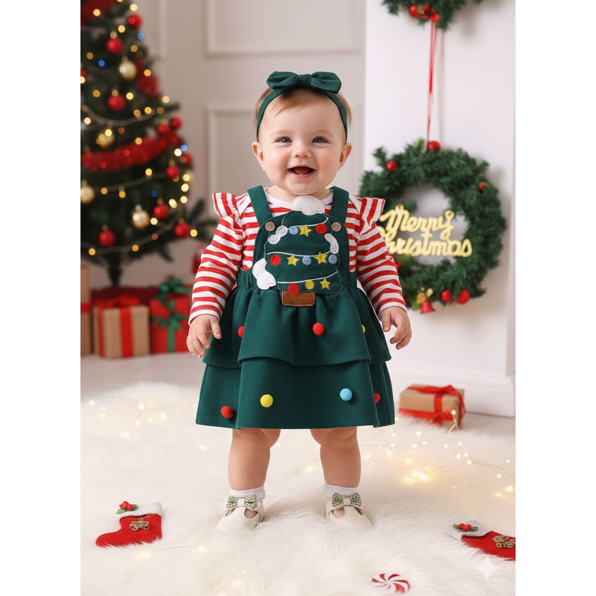 GENERICO - VESTIDO NAVIDAD PARA BEBE - BODDY + OVEROLL + LAZO