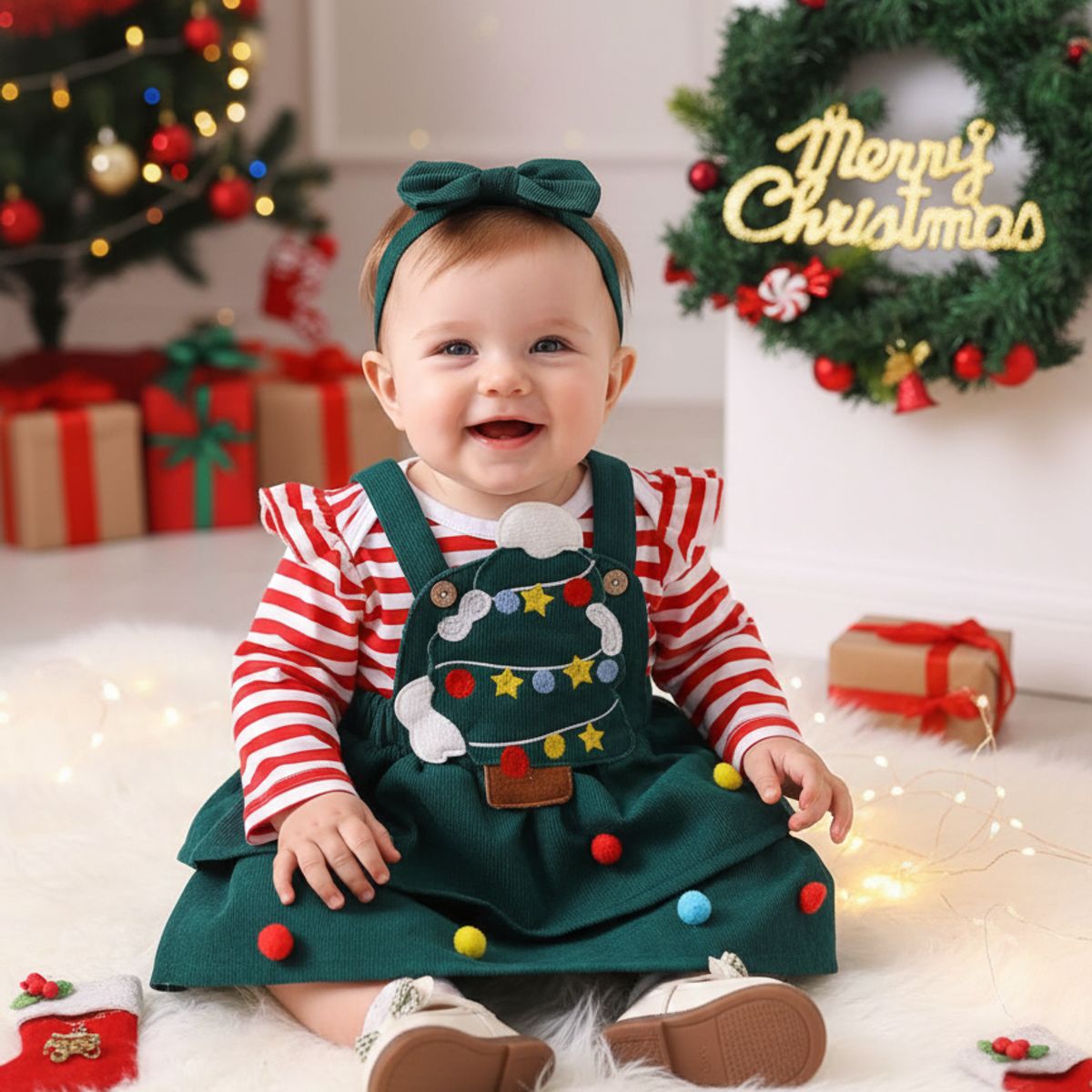 GENERICO - VESTIDO NAVIDAD PARA BEBE - BODDY + OVEROLL + LAZO