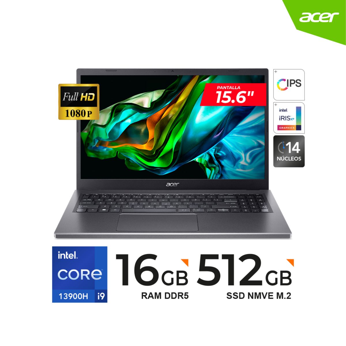 ACER - LAPTOP ACER ASPIRE 5 i9-13900H / 15.6" FHD IPS / 16GB DDR5 / 512GB SSD / Freedos