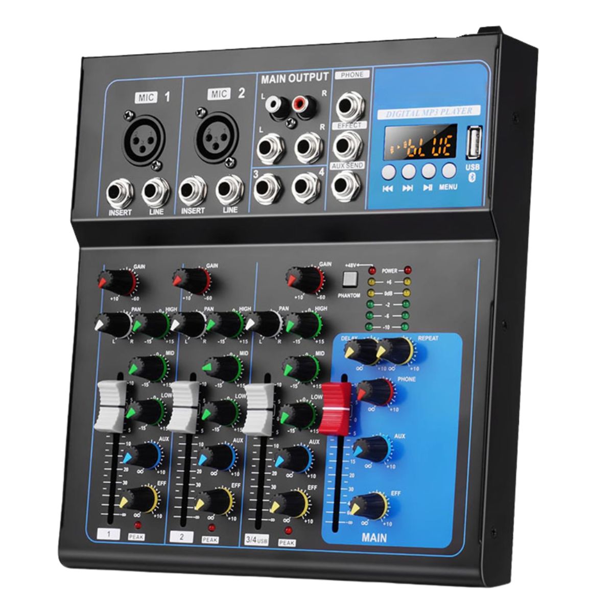 GENERICO - Mezclador de Audio Consola de Sonido de 4 Canales con Bluetooth y Alimentación Phantom 48V