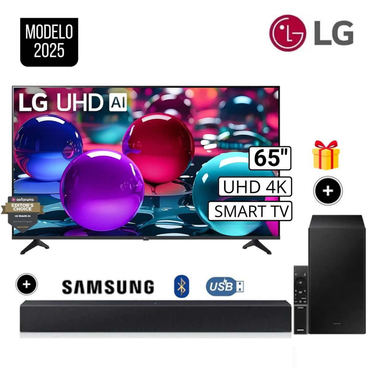 LG - Televisor Lg 65 Pulg Ultra HD 4K AI ThinQ 65UA7300 Modelo 2025- Negro + Soundbar B450F