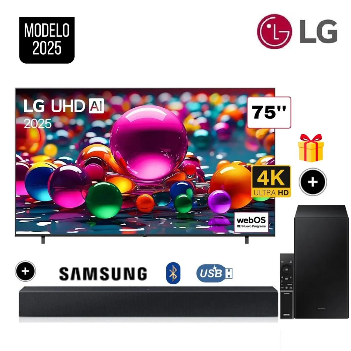 LG - Televisor LG 75 UHD 4K Smart TV ThinQ AI 75UA8000PSA 2025 + Soundbar B450F