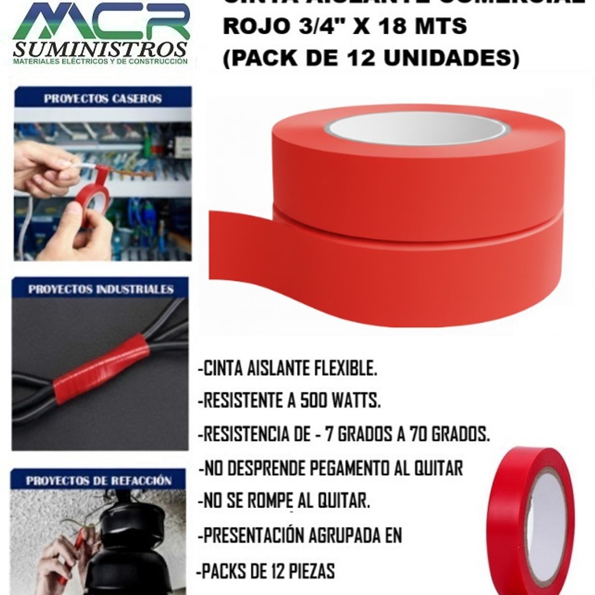 GENERICO - CINTA AISLANTE COMERCIAL ROJO 3/4" X 18 MTS (PACK DE 12 UNIDADES).