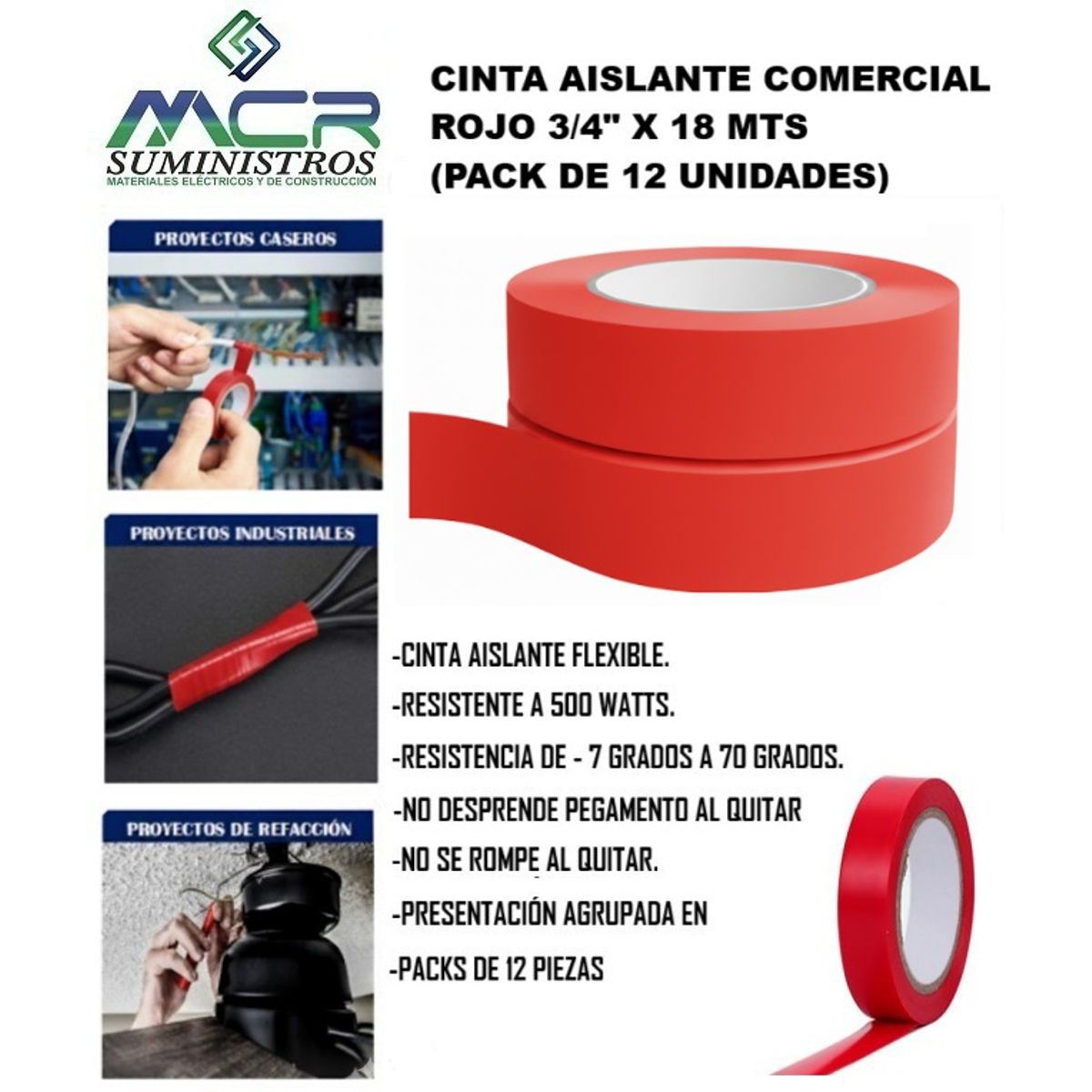GENERICO - CINTA AISLANTE COMERCIAL ROJO 3/4" X 18 MTS (PACK DE 12 UNIDADES).