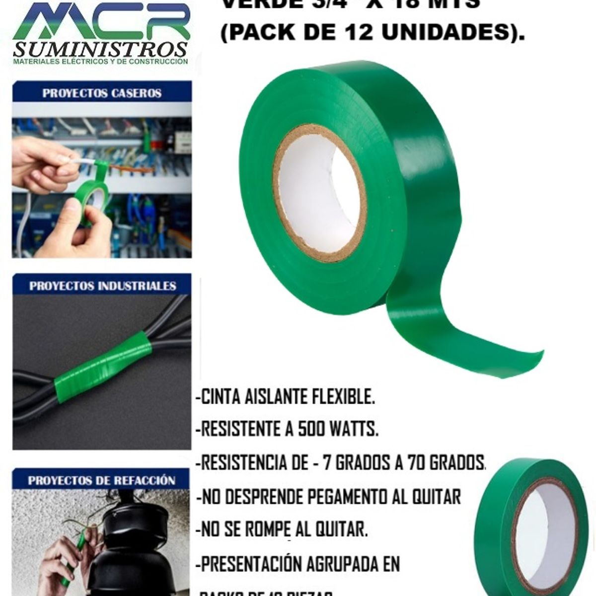 GENERICO - CINTA AISLANTE COMERCIAL VERDE 3/4" X 18 MTS (PACK DE 12 UNIDADES).