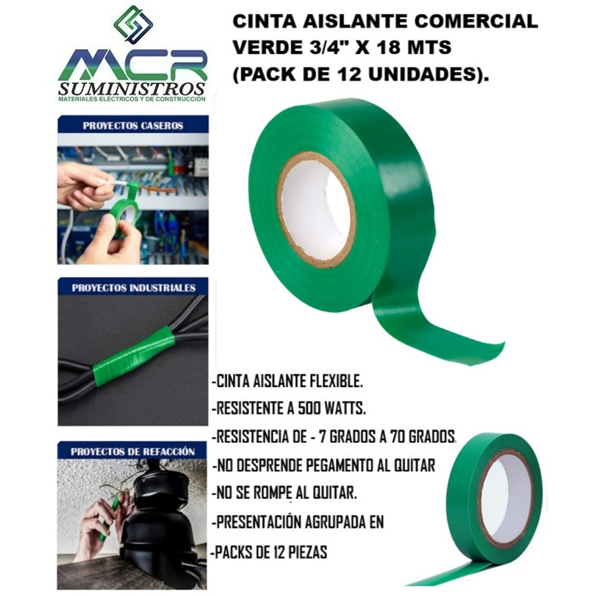 GENERICO - CINTA AISLANTE COMERCIAL VERDE 3/4" X 18 MTS (PACK DE 12 UNIDADES).