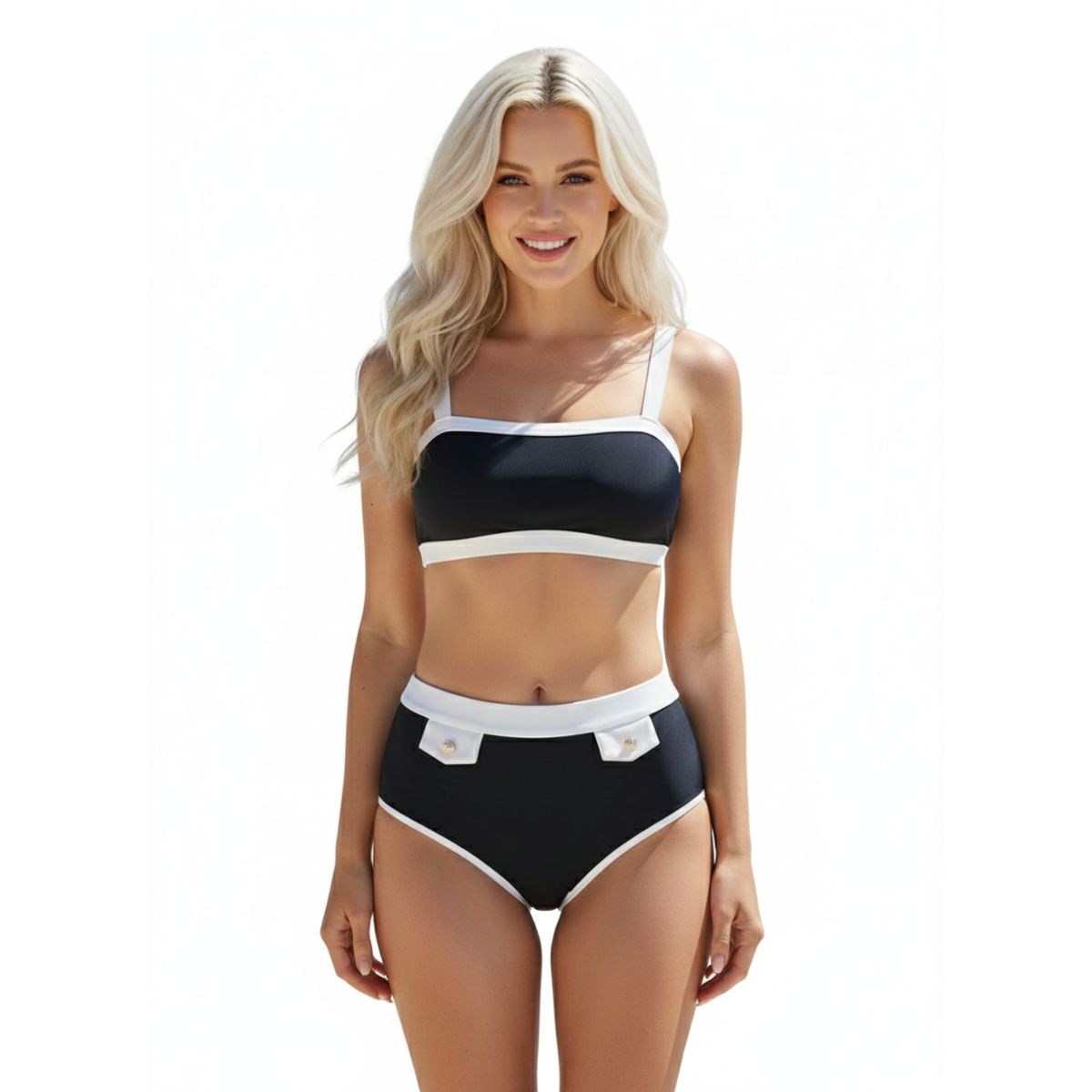 SM - BIKINI CONJUNTO NEGRO BORDES BLANCO TALLA M