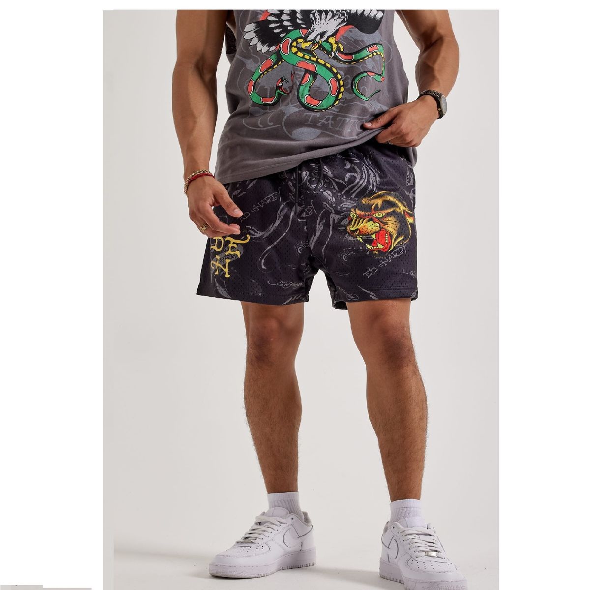 ED HARDY - SHORTS ED HARDY PANTHER MESH - NEGRO CON LOGO METALICO DORADO