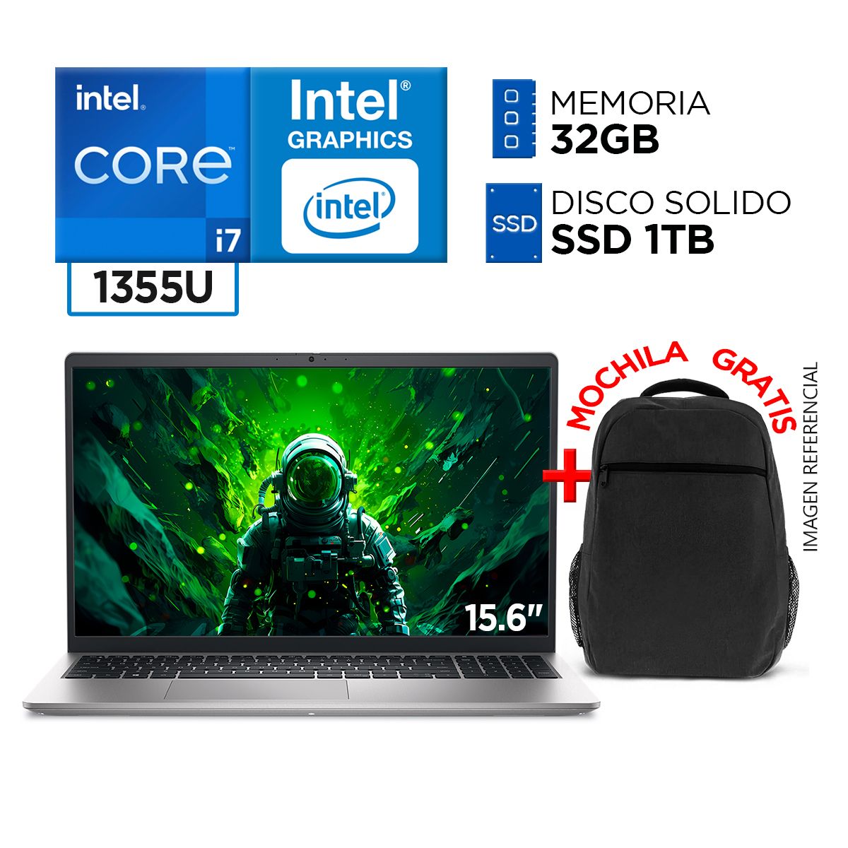 DELL - Laptop Dell Intel Core i7 1355U RAM 32GB SSD 1TB 13va Gen FULL HD IPS + MOCHILA